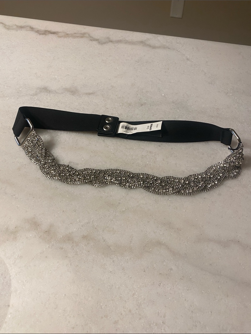 Express Silver Rhinestone Braided Elastic Waist Belt